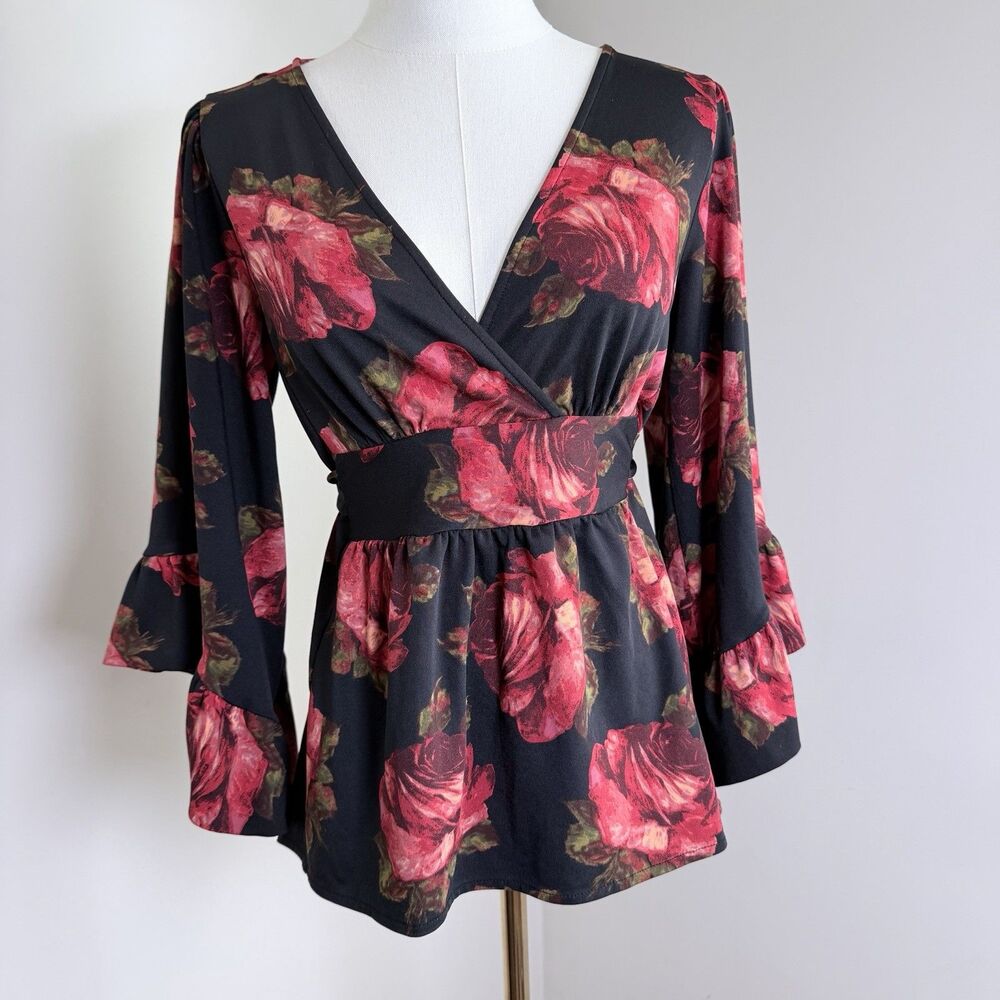 Betsey Johnson Floral Wrap Top S Black Red Roses Bell Sleeve Peplum Boho Romance - Picture 2 of 13